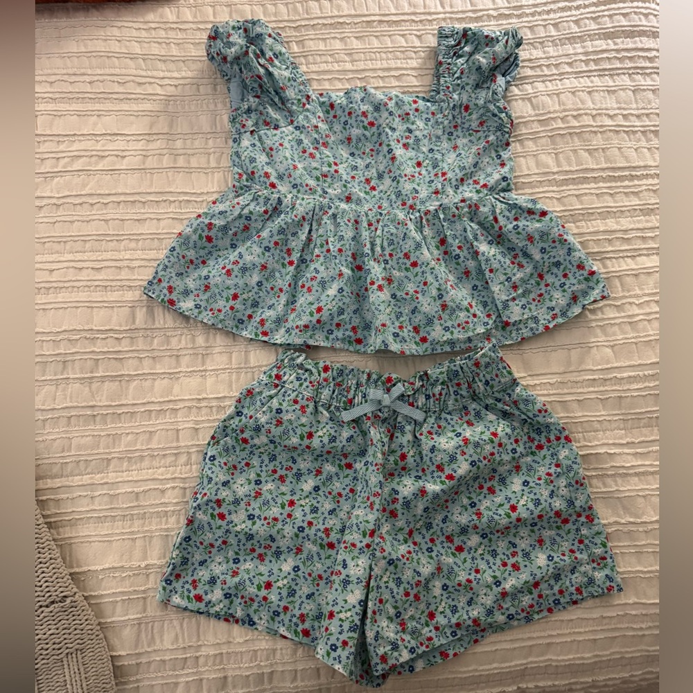 Janie and Jack Floral Girls Blouse and Short Set - Blue and Red